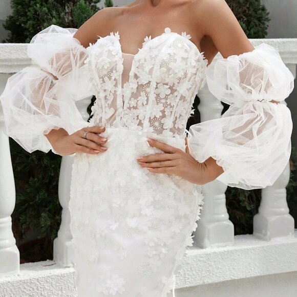 White Preppy Womens One Shoulder Back Tie Dress w/ Floral Fabric And Mesh Skirt - Picture 3 of 5